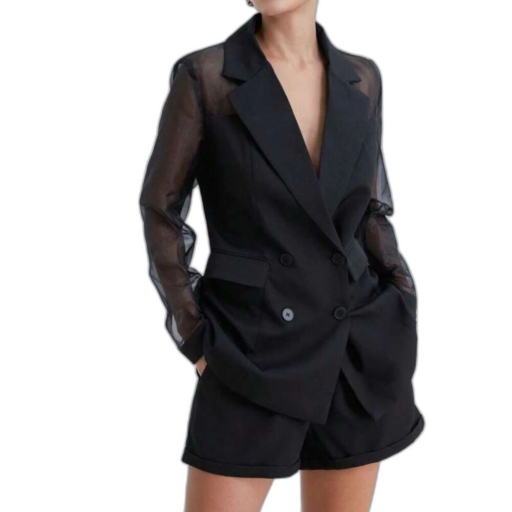 SHEIN Women’s Black Sheer Puff Sleeve Double Breasted Blazer | Size M